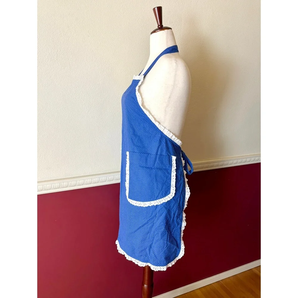 Handmade Blue Diamond Eyelet Lace Trim Bib Apron Pockets Retro Cottage 50s Style